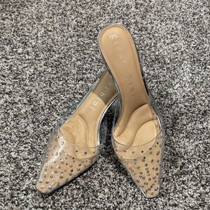 Gianni Bini Tan and Clear Studded Mules